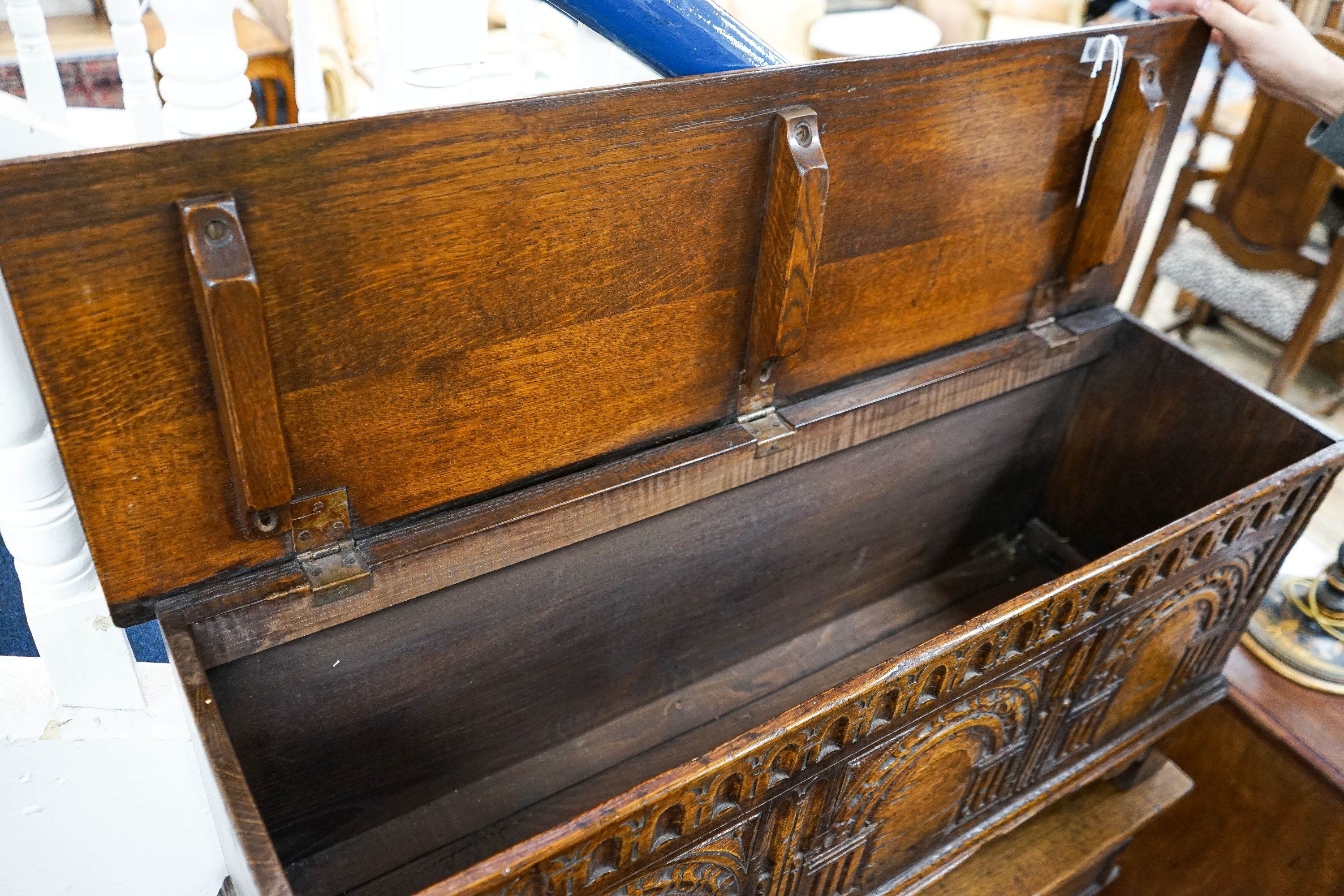 A Titchmarsh & Godwin reproduction small oak coffer, length 99cm, depth 30cm, height 48cm